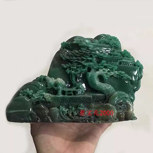 天蓝色独玉雕刻山水风景意境客厅摆饰礼物仿独山玉山间会友摆件