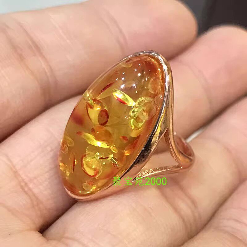 琥珀蜜蜡花瓣意境冰透包边花珀蛋面戒指仿波罗的海原矿金珀戒子圈