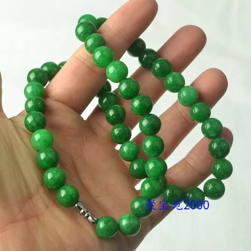 祖母绿玉石项链绳男女款10MM玉链妈妈满绿毛衣链干青翡翠色圆珠链