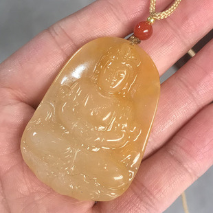 黄玉石菩萨项链平安佛像挂件玉佩玉坠天然冰种云南黄龙玉观音吊坠
