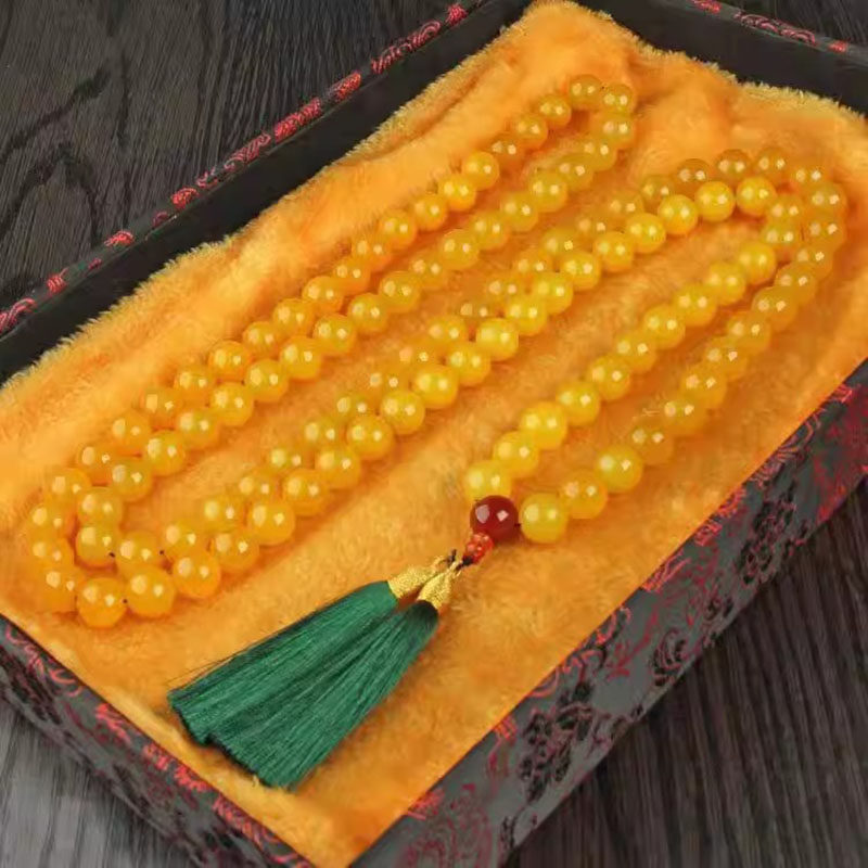 黄玛瑙玉髓念珠流苏链玉石盘玩多圈手链新款黄龙玉108颗佛珠项链