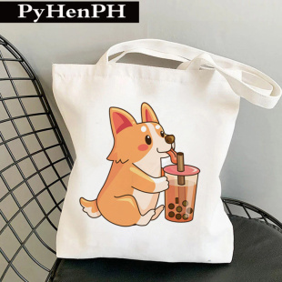 Tote Corgi Boba Canvas 柯基奶茶印花单肩手提帆布包购物袋 Bag
