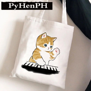 Kawaii Cat卡通猫咪印花帆布袋单肩包全球外贸折叠袋购物袋手提袋