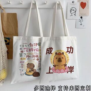 卡皮巴拉帆布包大容量可爱表情包单肩包定制带拉链学生外出手提袋