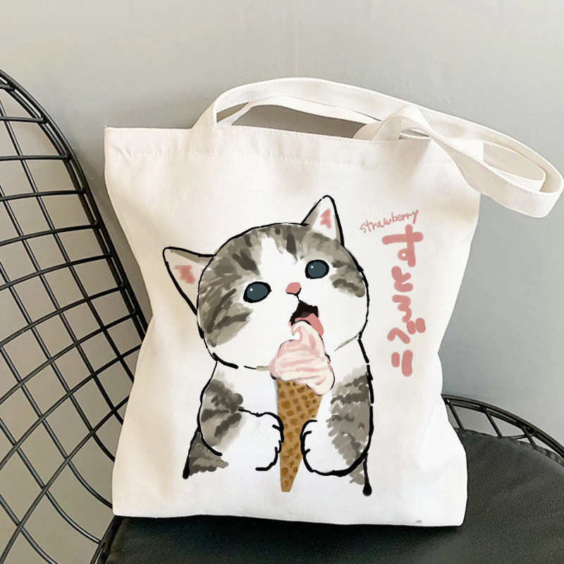 Cute Cat Canvas Tote Bag 可爱卡通猫咪印花手提包单肩帆布袋子