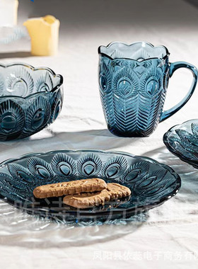 【小众感~复古蓝色杯】浮雕孔雀羽毛玻璃水杯碗碟聚餐下午茶餐具
