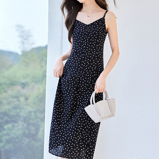 秋思婵黑色单件碎花裙女2025夏季小个子复古吊带收腰修身连衣裙