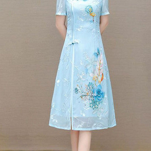 秋思婵旗袍短袖旗袍裙长款少夏季高端高贵复古连衣裙宴会气质优雅
