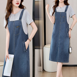 秋思婵牛仔背带连衣裙女中长款2025夏季新款时尚洋气假两件裙子