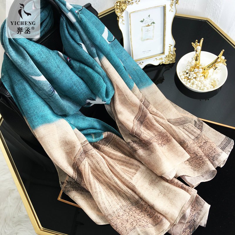 【瑞鹤图】高端中国风斜纹真丝丝巾100%桑蚕丝围巾长款披肩春夏女