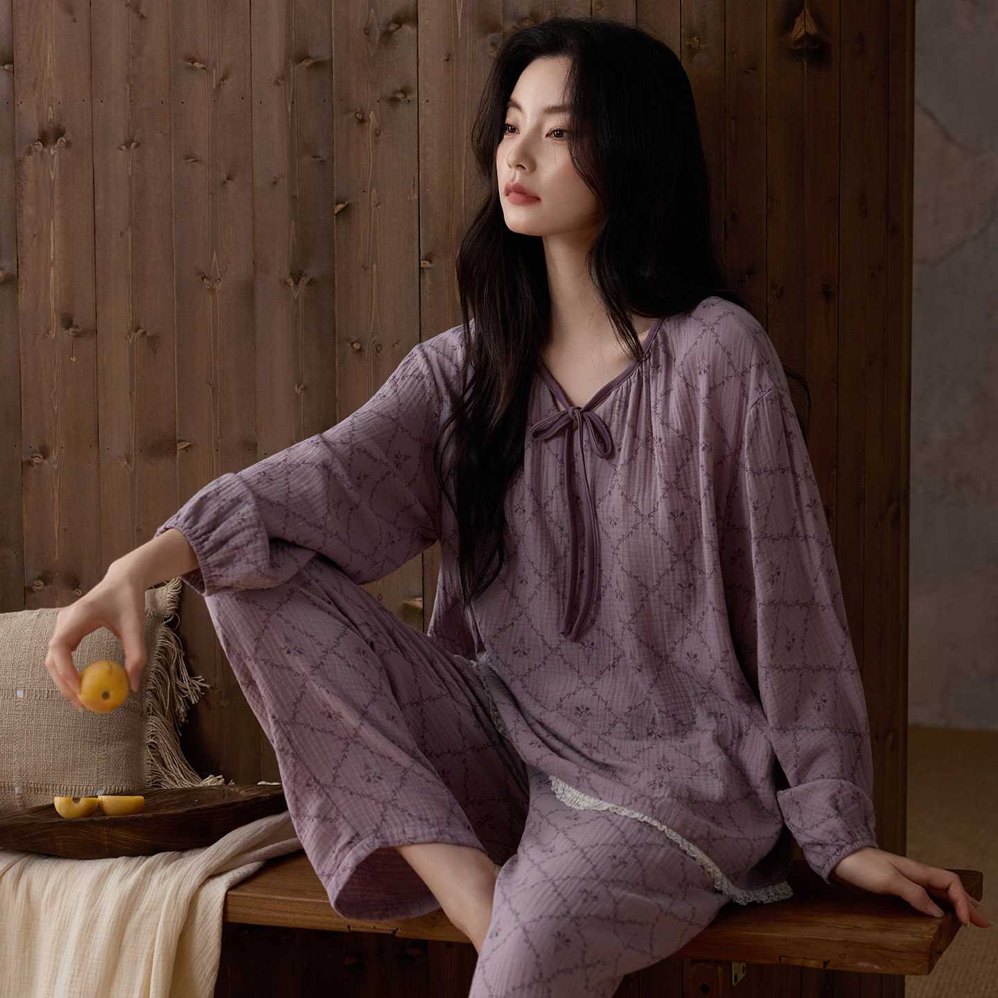 专柜睡衣女士春秋款梭织纯棉纱布长袖薄款婴儿棉韩版宽松慵懒风家