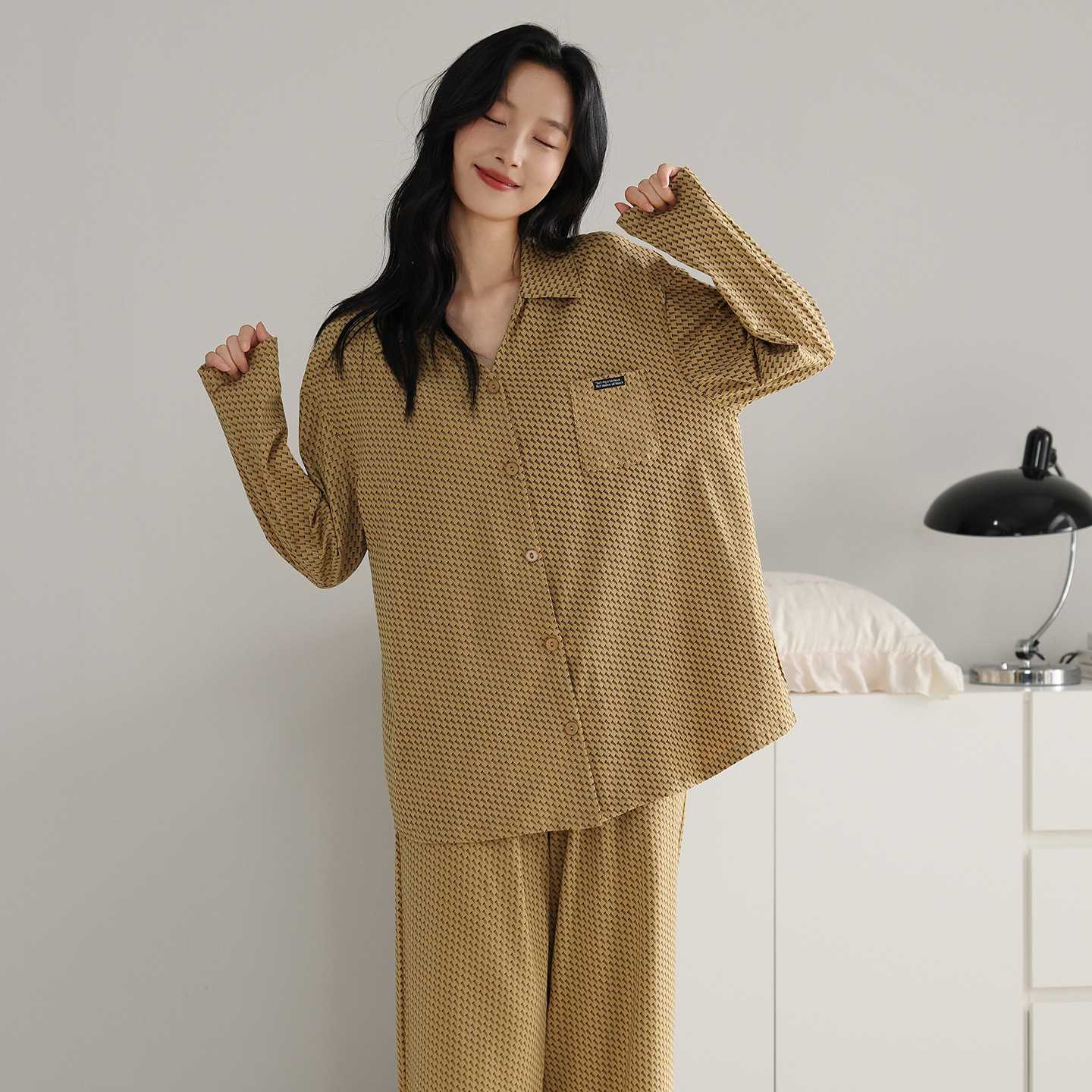 专柜长袖睡衣女款高级感春秋季纯棉女士家居服阔腿裤套装慵懒风可