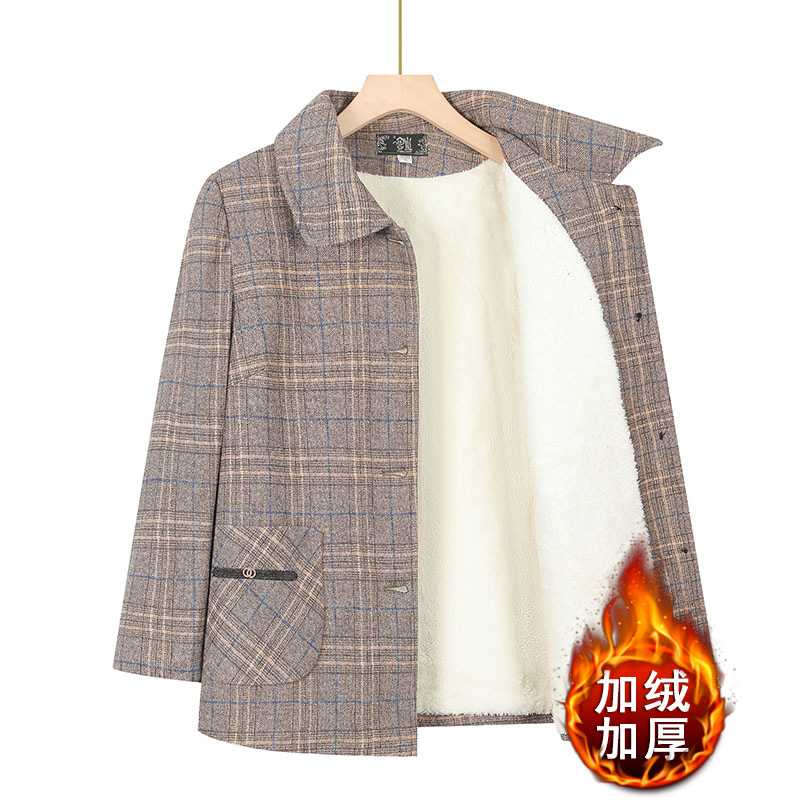 专柜中老年女装秋冬季洋气加绒加厚外套中年妈妈春秋新款格子西装