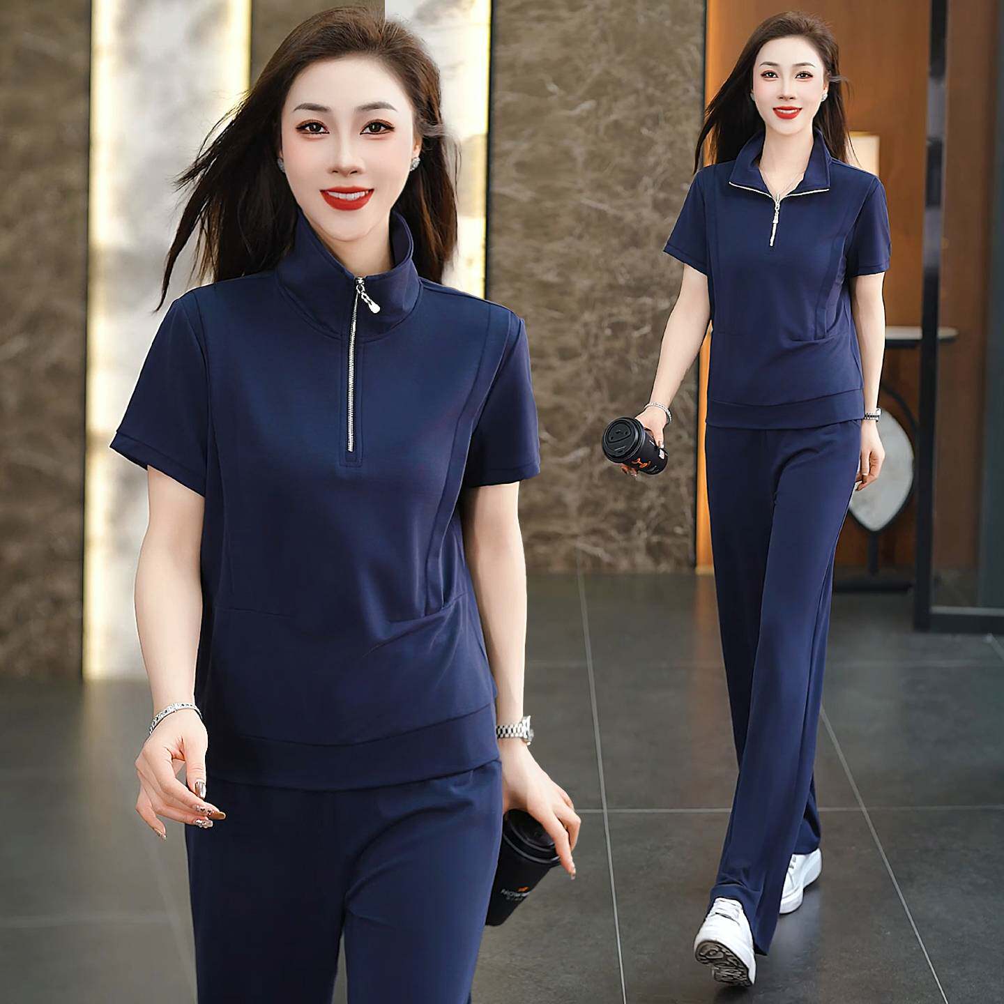 专柜品牌时尚休闲运动套装女夏季新款短袖立领拉链显瘦冰丝两件套