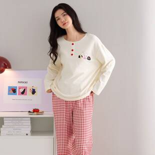 专柜品牌睡衣女款春秋季2026新款纯棉长袖长裤套装卡通可爱格子休