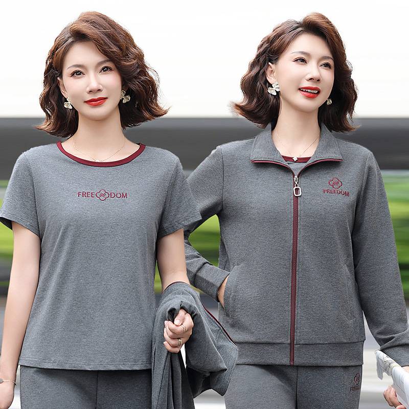 专柜妈妈秋装休闲大码运动套装中老年女装春秋时尚短袖外套长裤三