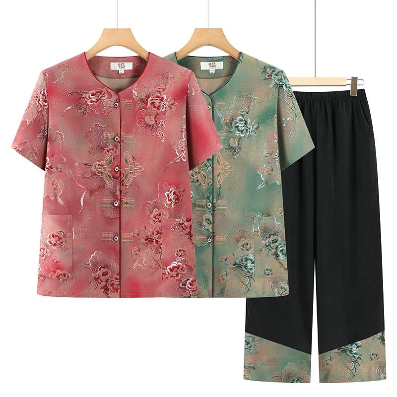 专柜老年女装妈妈装夏季新款短袖开衫两件套老人衣服奶奶夏装唐装
