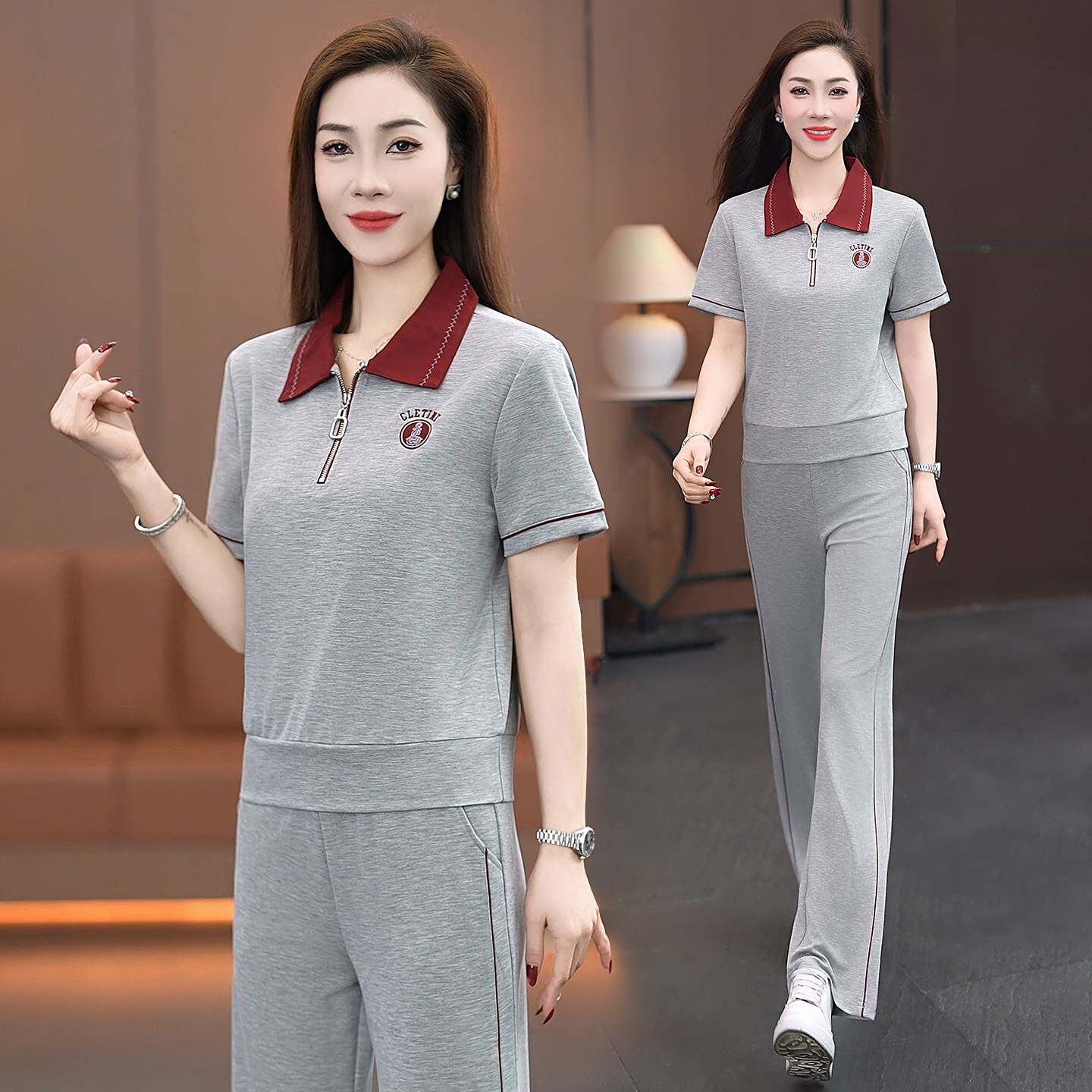 专柜品牌时尚翻领运动套装女2026夏季新款洋气短袖阔腿裤显瘦休闲
