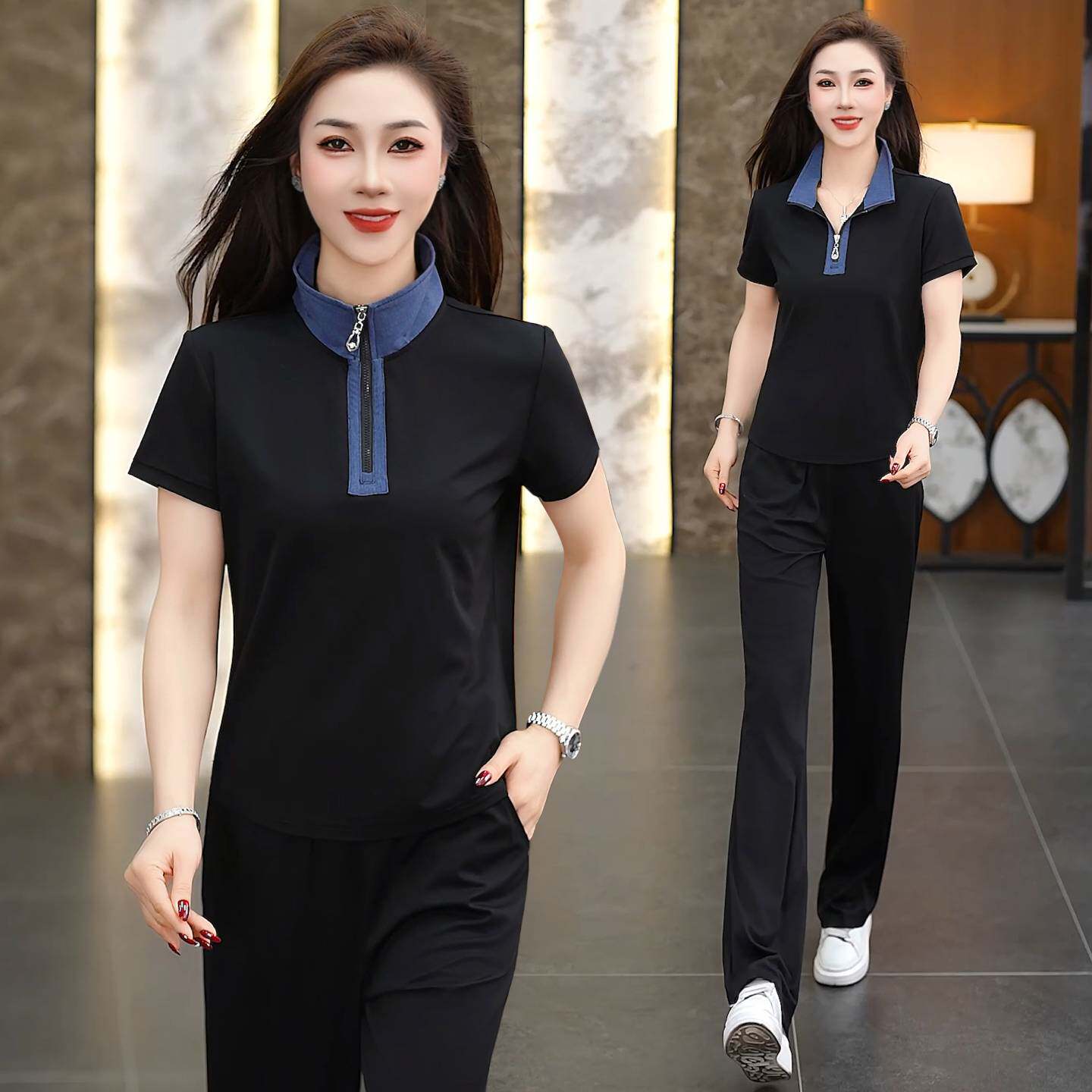 专柜品牌2026夏季新款休闲运动套装女短袖立领牛仔拼接显瘦冰丝跑