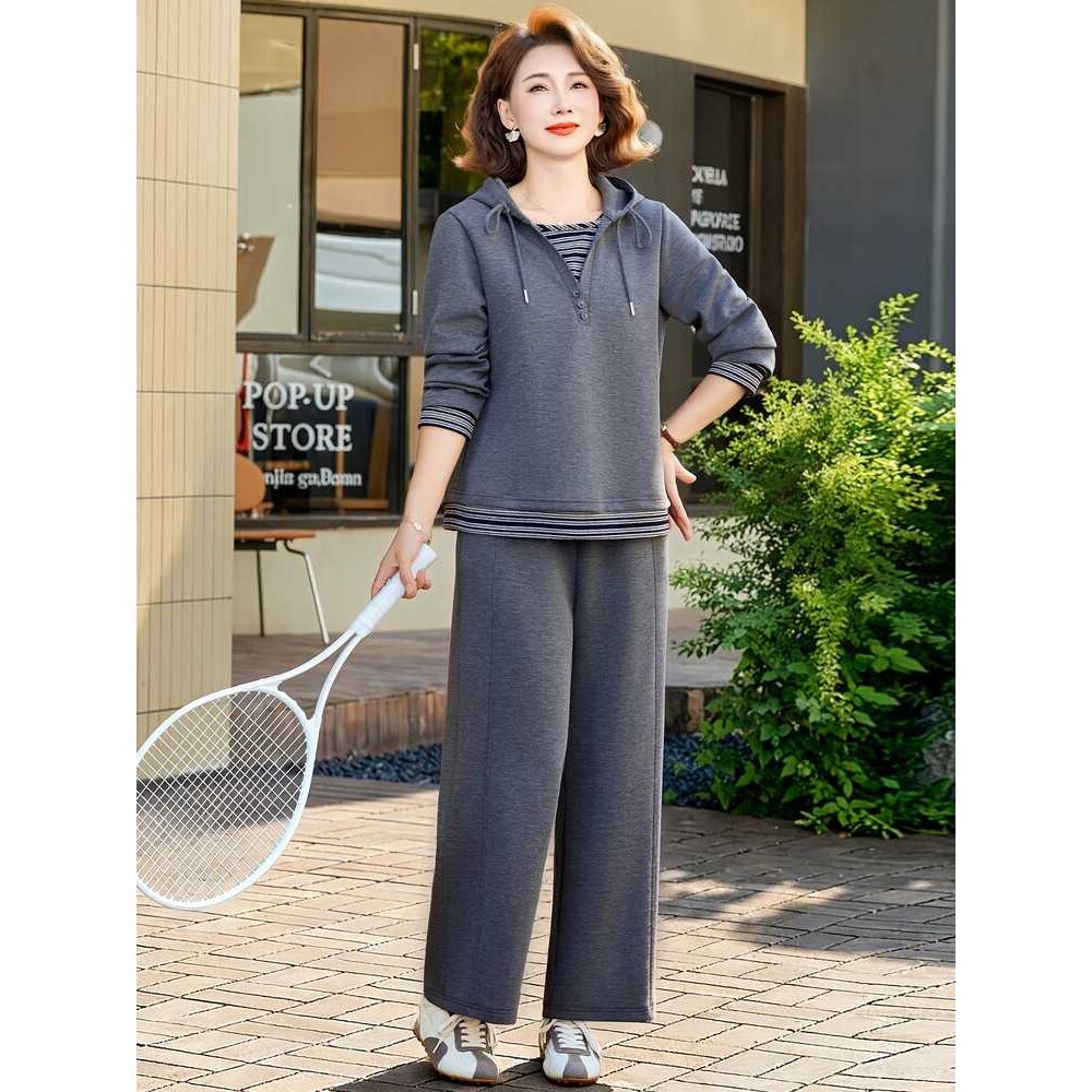 专柜妈妈装2026秋季连帽卫衣两件套女中老年女装时尚休闲运动套装