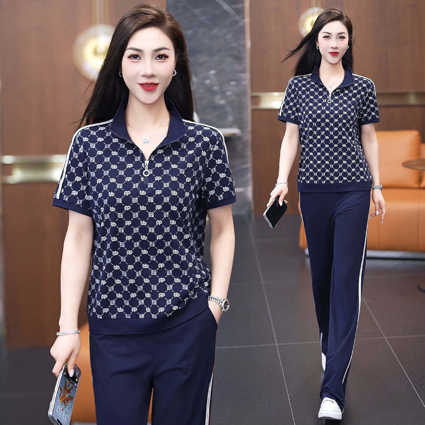 专柜品牌运动服套装女夏季2026新款短袖立领显瘦宽松大码冰丝休闲