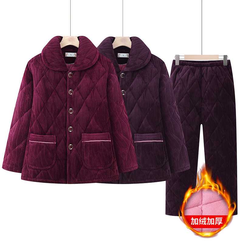 专柜中老年冬装奶奶加绒加厚牛奶绒睡衣套装妈妈冬天保暖家居服两