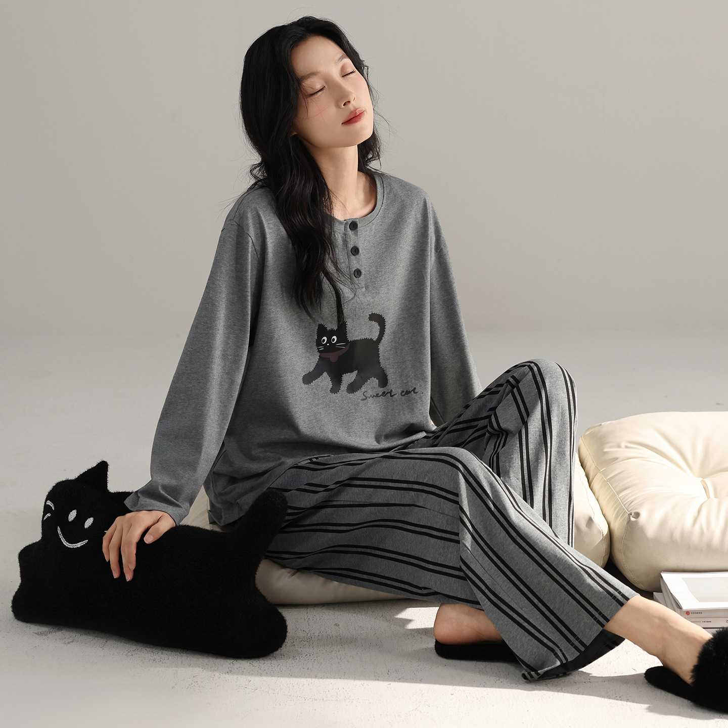专柜睡衣女春秋款纯棉长袖家居服休闲狗时尚早秋胖mm大码懒人一整