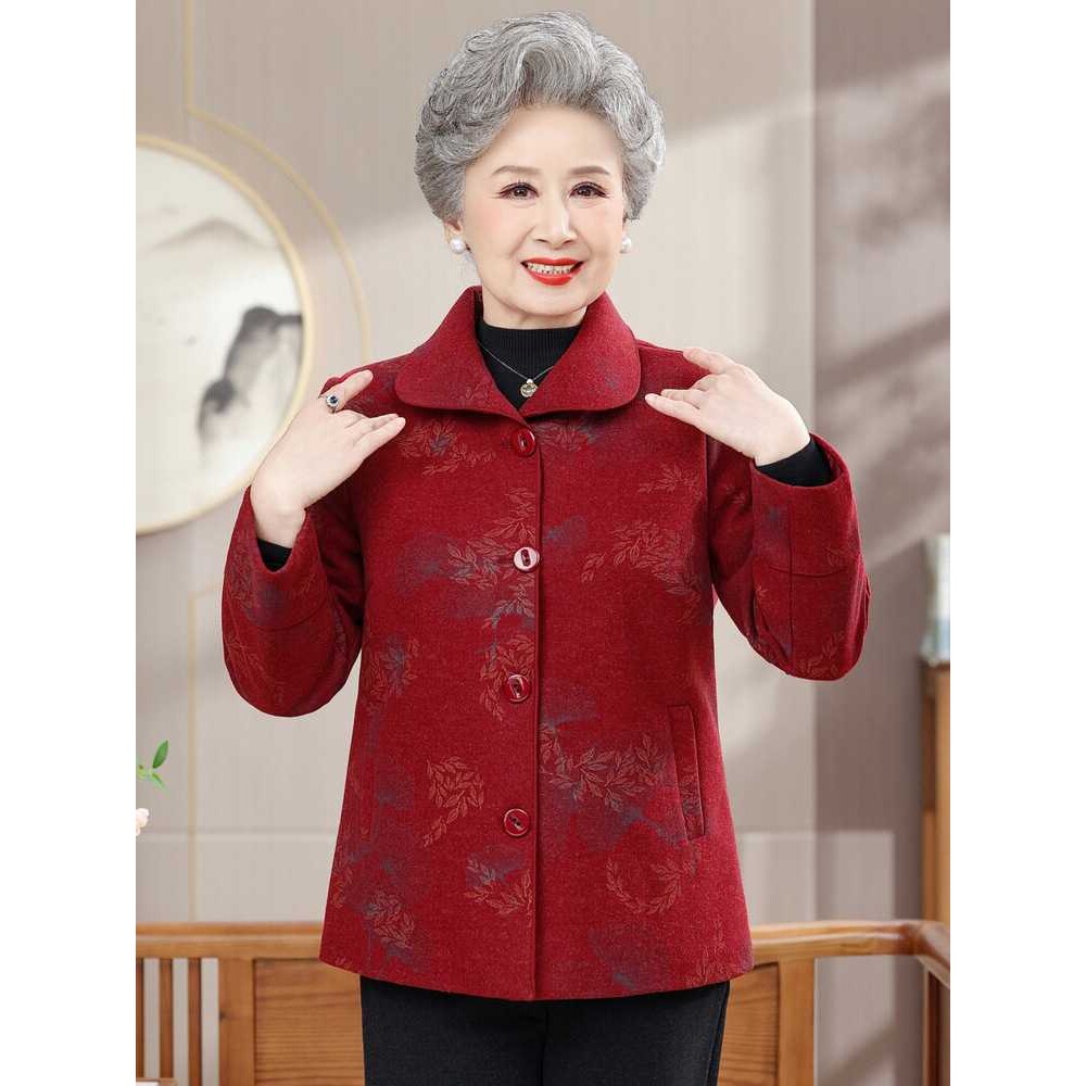 专柜奶奶翻领印花外套女中老年妈妈装洋气上衣服中式女装长袖春秋