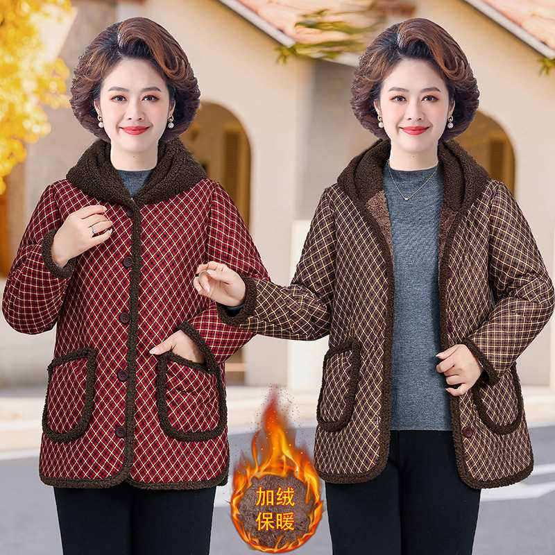 专柜老奶奶冬季新款加绒加厚连帽格纹棉衣妈妈装冬款保暖衣服防寒