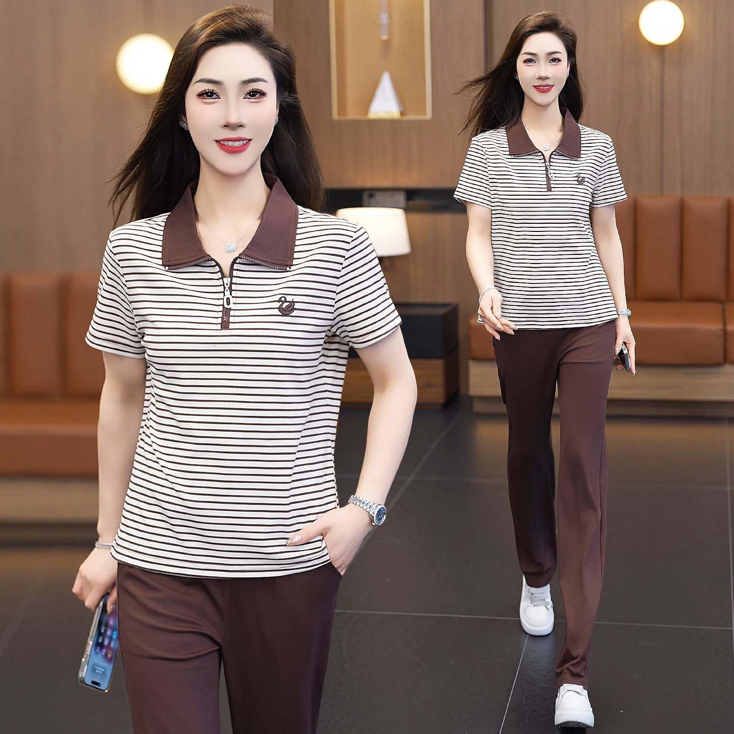 专柜品牌条纹POLO领运动套装女夏季2026新款时尚洋气冰丝休闲短袖