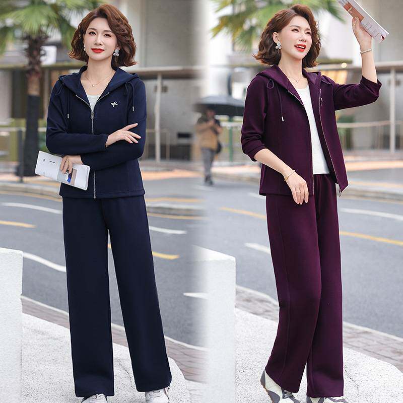 专柜品牌中年妈妈减龄运动上衣裤子两件套女2026春秋新款休闲连帽