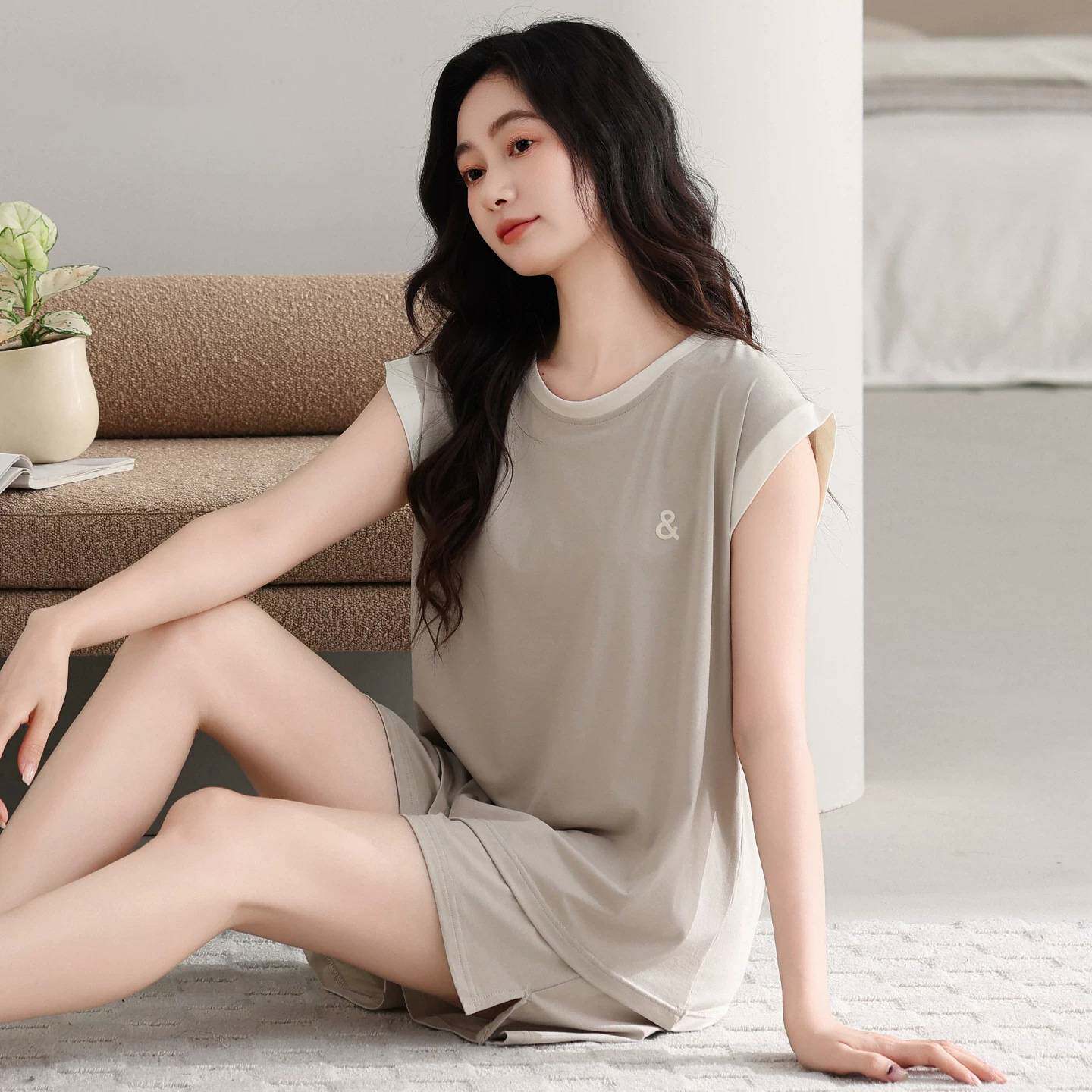 专柜品牌睡衣女夏季莫代尔无袖背心短裤夏天薄款凉感外穿高级感家