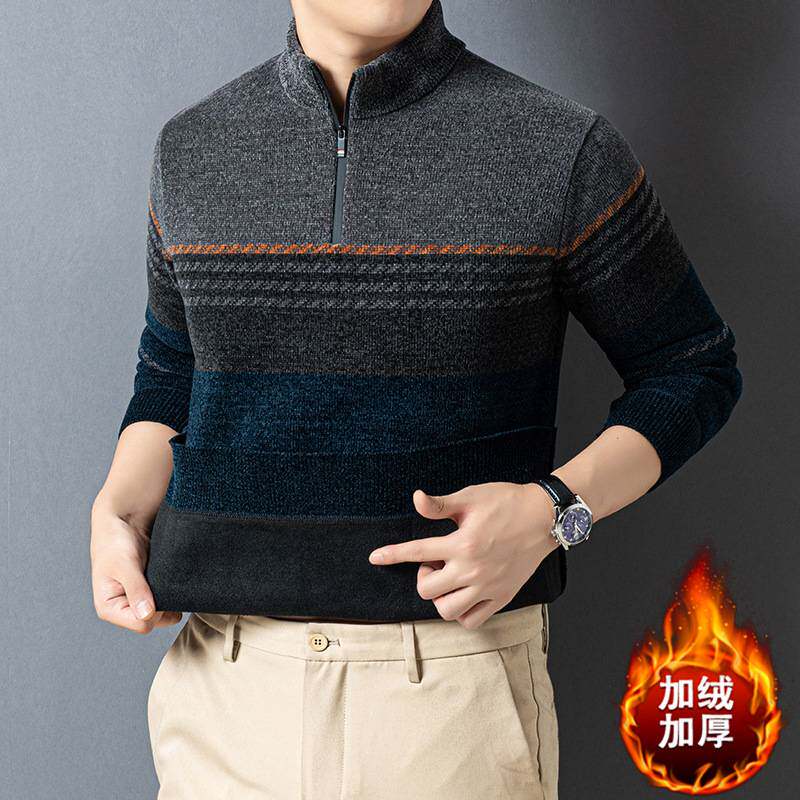 专柜品质2025秋冬季新款男士立领半高拉链加绒加厚保暖针织衫毛衣