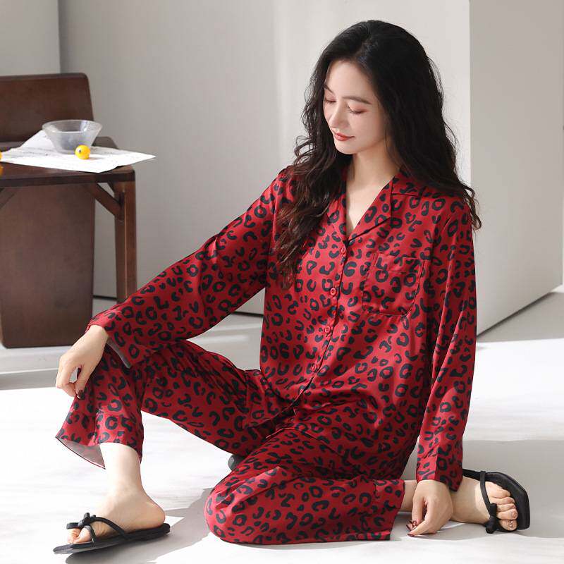 专柜品牌睡衣女士春秋季春款冰丝长袖长裤家居服本命年红色豹纹套