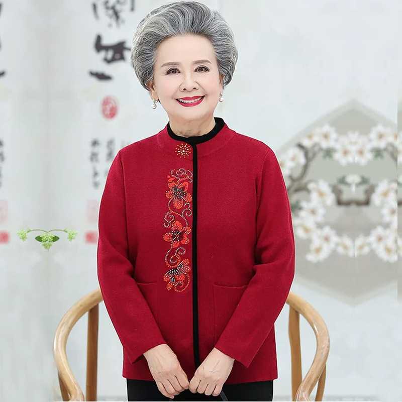 专柜秋冬老年人妈妈毛衣女喜庆唐装针织开衫秋冬加绒加厚外套奶奶