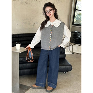 专柜品牌女童三件套2026春款新款中大童时尚甜美毛衣马甲衬衫直筒