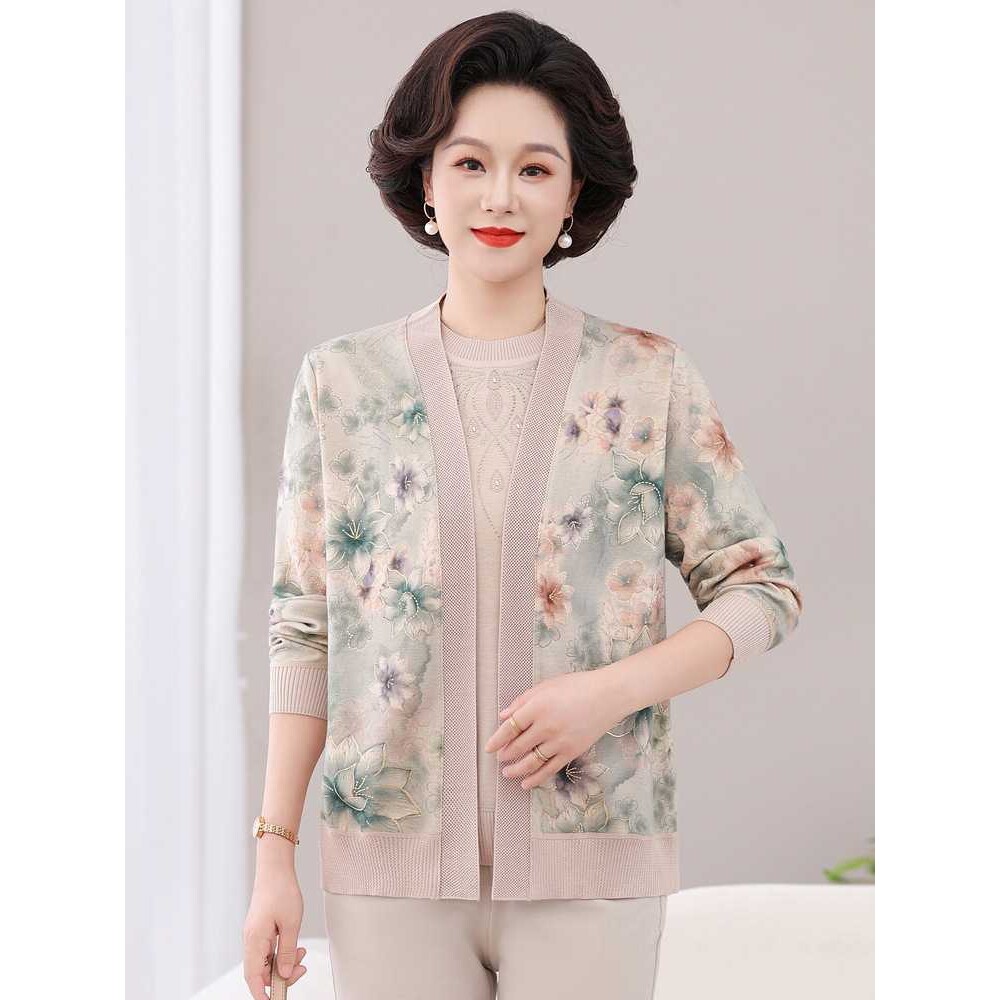 专柜中年妈妈春秋印花针织开衫两件套薄款上衣中老年女装洋气秋装