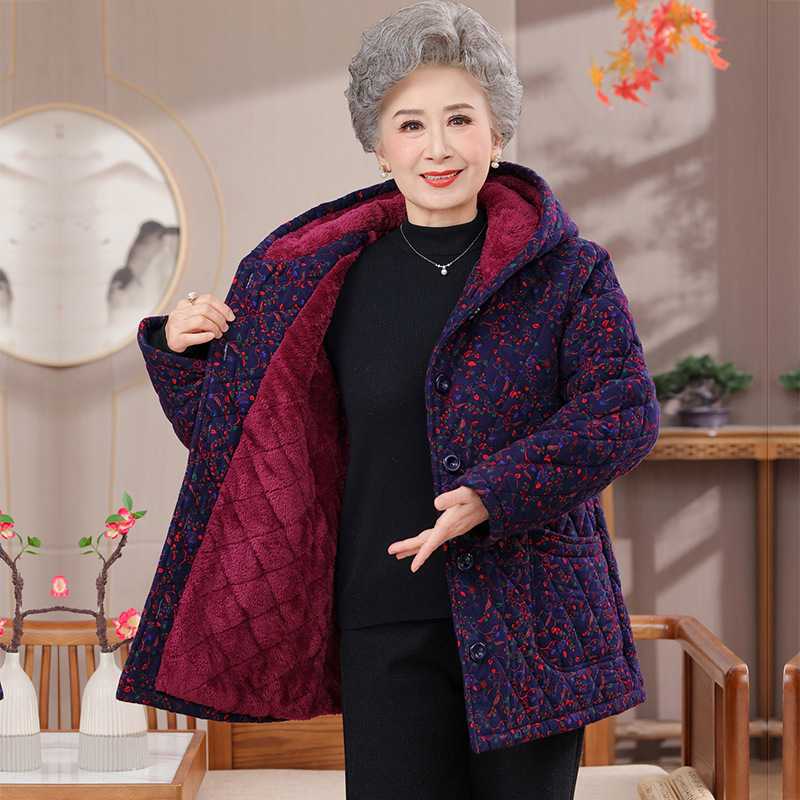 专柜中老年人妈妈冬装棉衣女奶奶装加绒加厚连帽老太太全棉磨毛棉