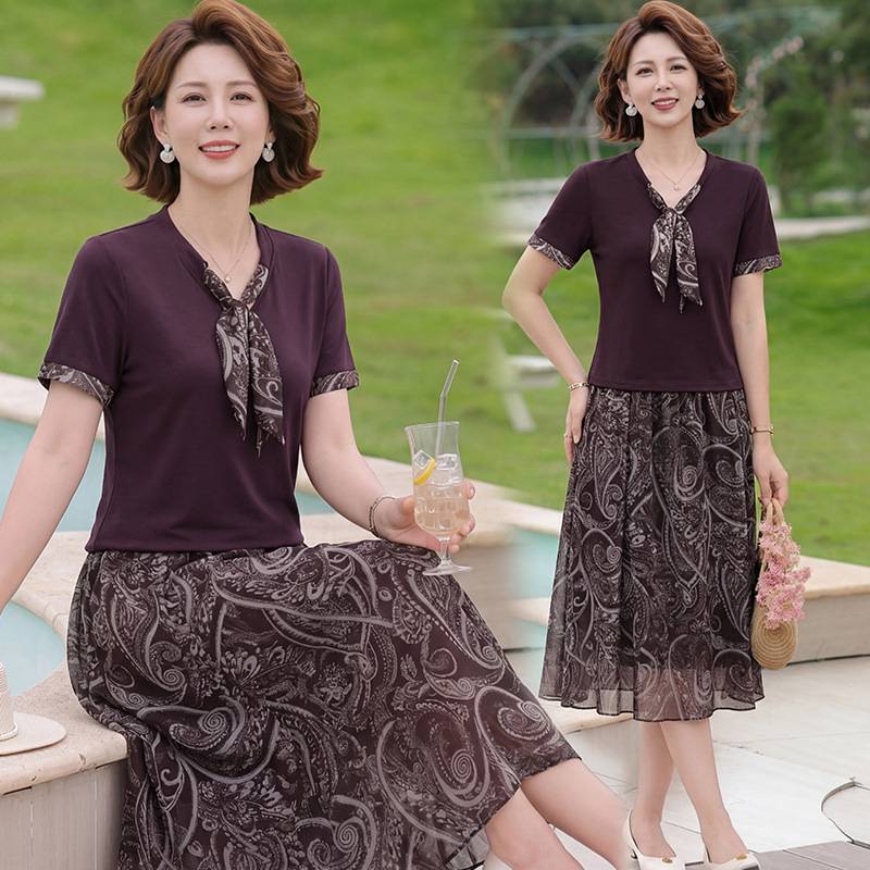 专柜中年妈妈洋气短袖半身裙两件套中老年女装夏装套装气质感穿搭