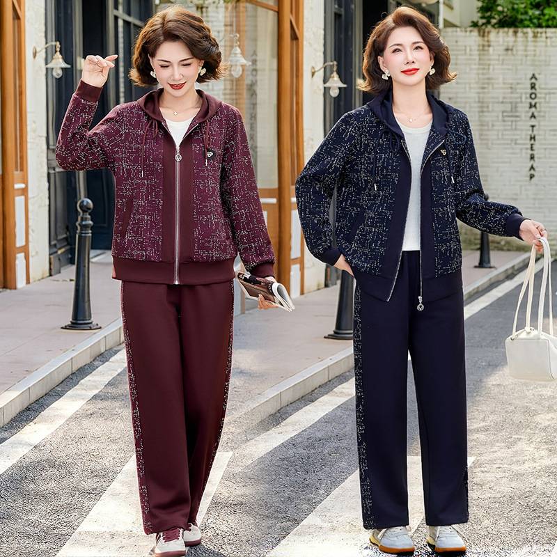 专柜妈妈秋装韩版连帽外套长裤两件套中老年女装时尚显瘦洋气休闲