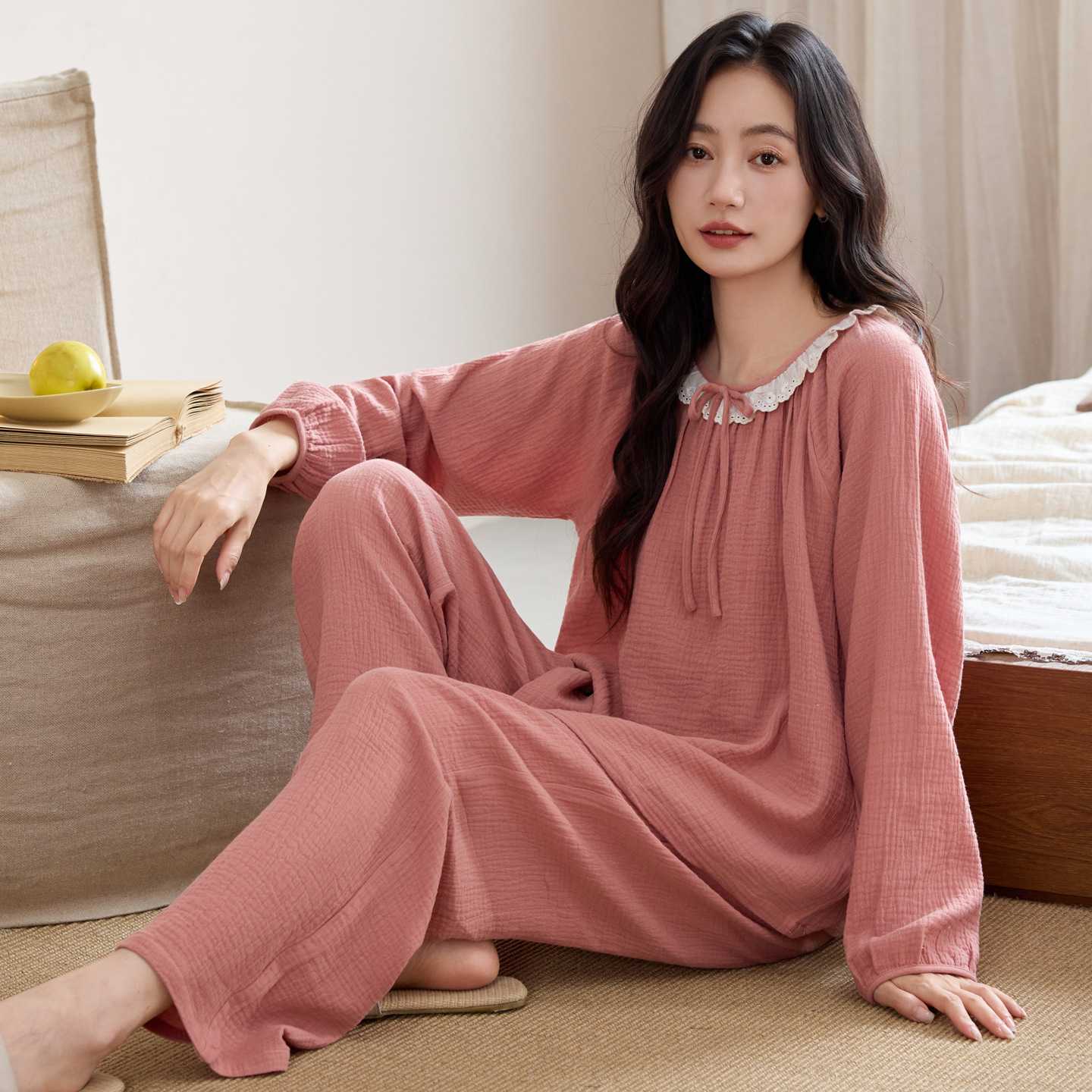 专柜新款a类睡衣女纯棉双层纱布婴儿棉春秋长袖可外穿韩系松弛家