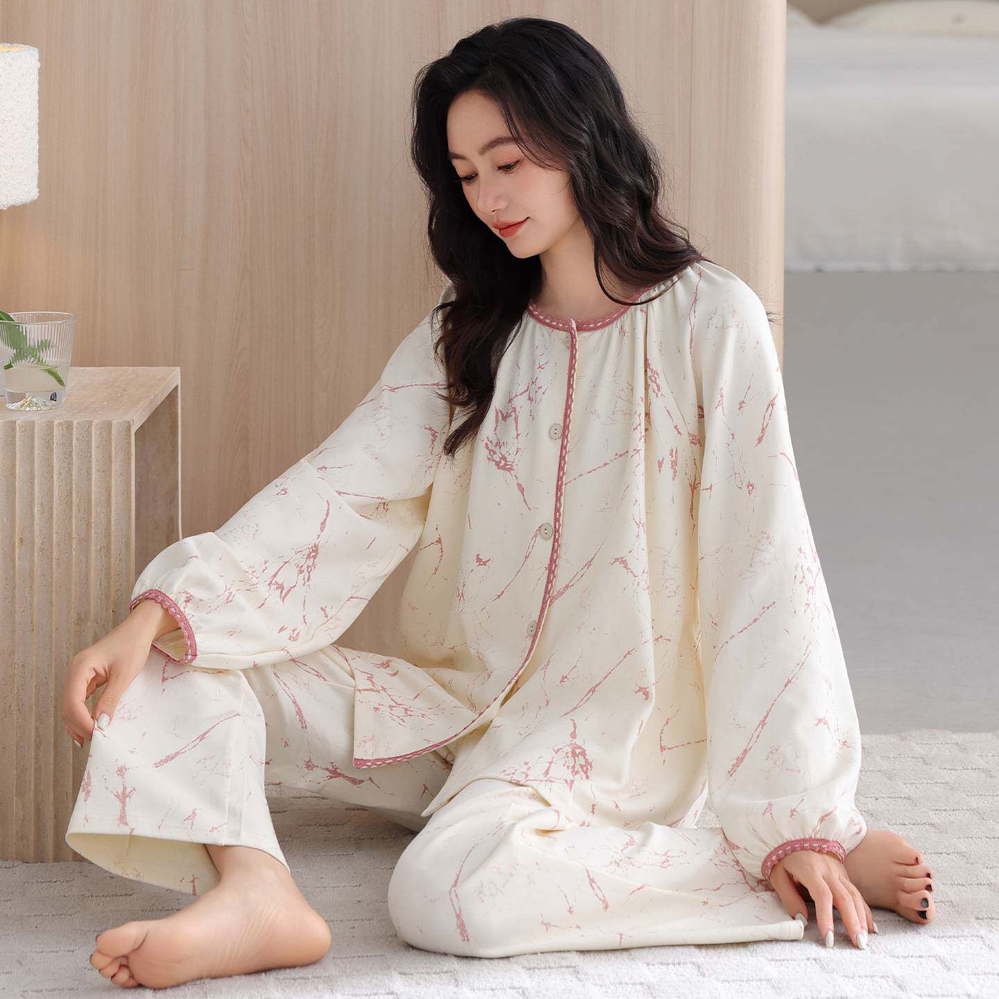 专柜品牌睡衣女士春秋季纯棉长袖长裤套装冬款女款大码中年妈妈家