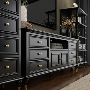 美式 家具黑色复古电视柜实木电视柜茶几2.0米2.2米实木电视柜