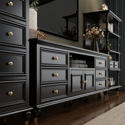 美式家具黑色电视柜地柜实木茶几2.0米2.2米复古实木电视柜