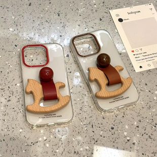 韩系红棕色木马指环扣适用ihone16promax苹果15pro手机壳14新款13