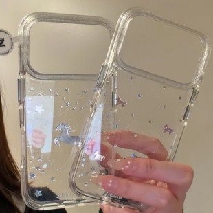 高级感透底鎏金小马星星点钻适用于iphone17promax苹果16p手机壳15唯美小清新创意防摔保护壳