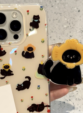 ins可爱鲷鱼烧黑色小猫适用iphone16promax苹果15p手机壳14新款13