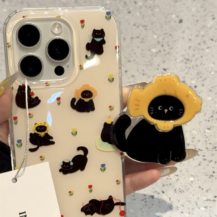 ins可爱鲷鱼烧黑色小猫适用iphone16promax苹果15p手机壳14新款13