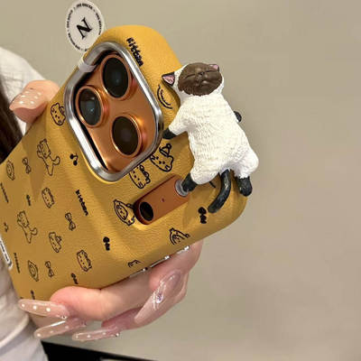 韩系可爱皮纹趴趴花色小猫适用ihone17promax苹果15p手机壳14新款