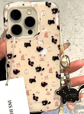 可爱粉色蝴蝶结黑色猫咪适用ihone16promax苹果15pro新款14手机壳